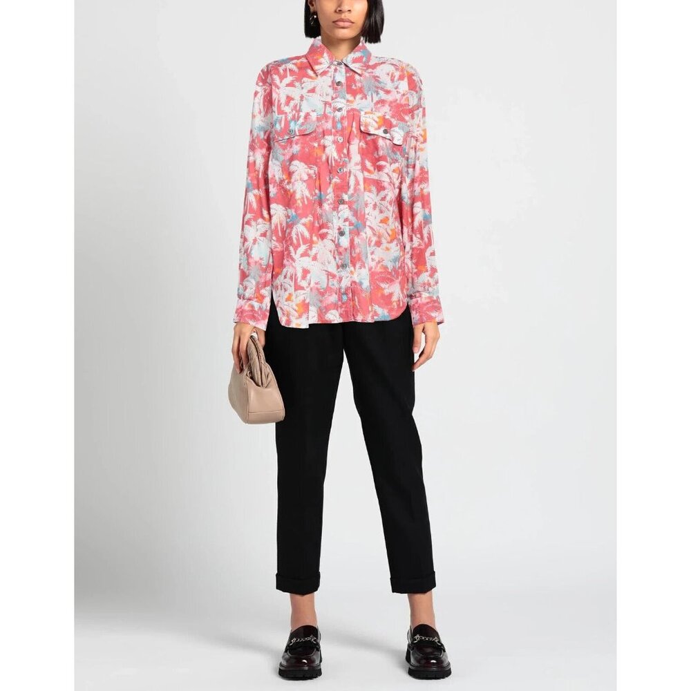 Overlover Dark Pink Tropical Tree Button-Up Collared Holloway Shirt, Size L NWT